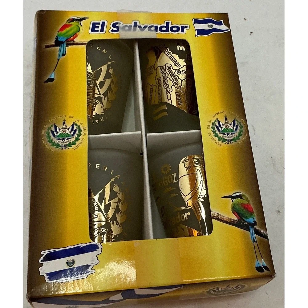 Caminando Con Dios El Salvador Shot Glass Set 4pc Frosted Gold Souvenir Bird Map